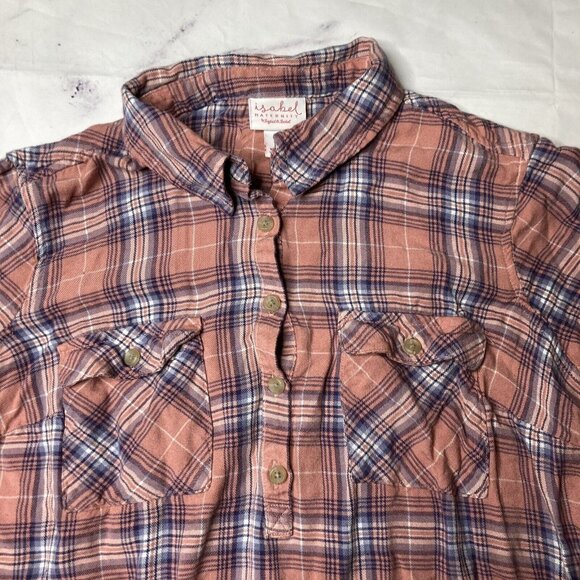Isabel Maternity Popover Plaid Shirt Womens Size Medium Pink Blue Button Up i79 - Picture 2 of 4